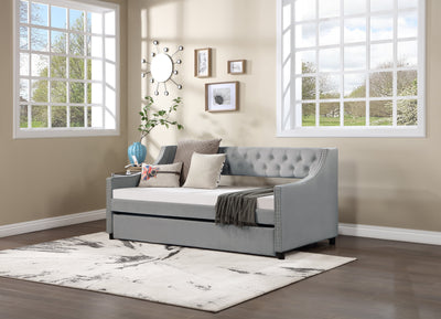 Twin Size Upholstered Daybed with Trundle Sturdy Wood Bedframe w/ Bedframe Tufted Button & Copper Nail on Arms Design - Korvel