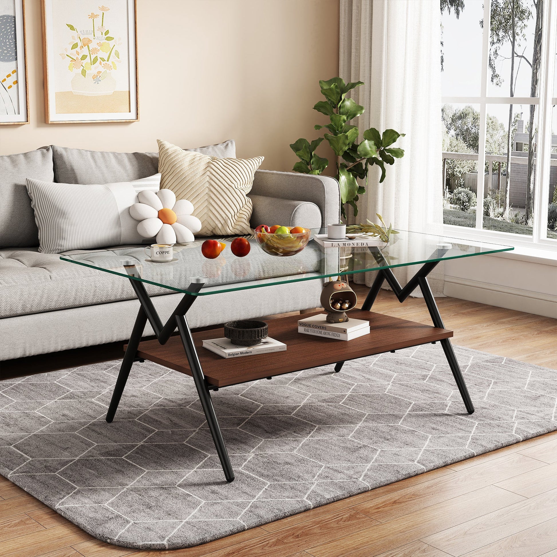 Rectangle Coffee Table with Tempered Glass top and Black Metal Legs, Modern Table for Living Room , Transparent Glass - Korvel