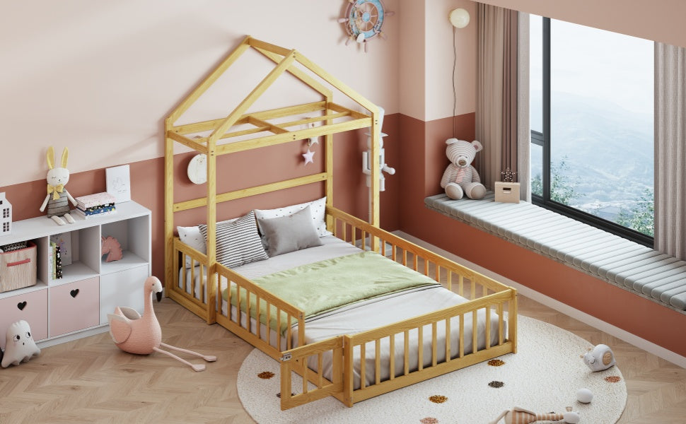 Wooden Full Size Children's Bed with Detachable Headboard and Integrated Clothes Drying Rack, Natural - Korvel