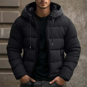 Men's Solid Color Hooded Velvet Cotton Jacket