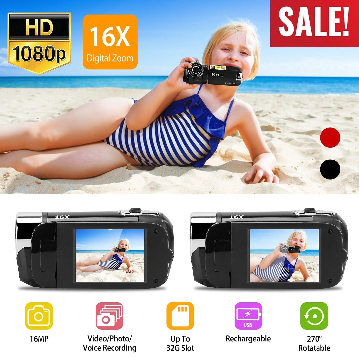 LJG HD 1080P Digital Video Camcorder with 16X Zoom