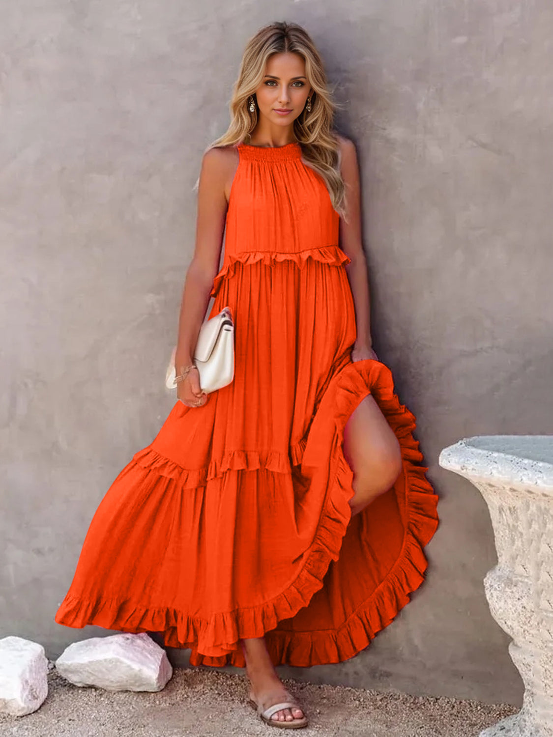 Elegant Ruffled Sleeveless Tiered Maxi Dress with Pockets