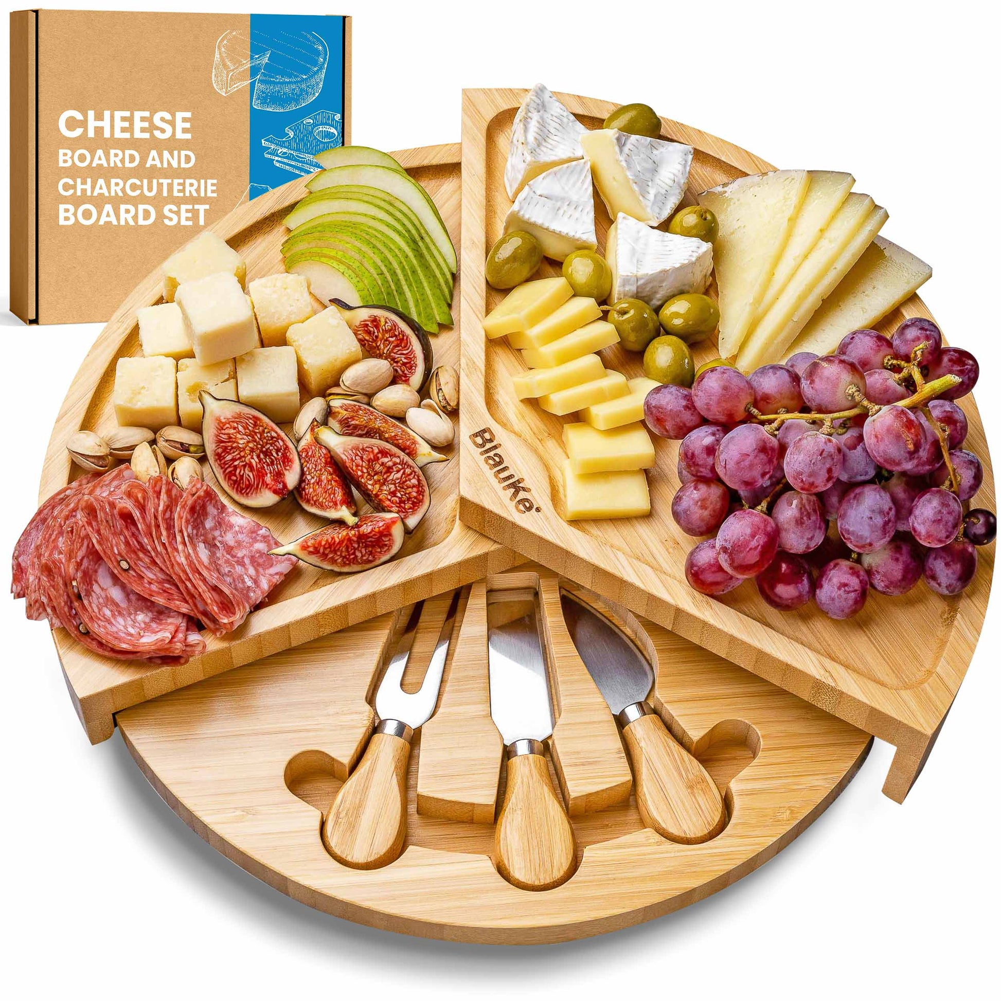 Round Bamboo Cheese Board & Knife Set – 14" Foldable Charcuterie Platter with Hidden Drawer - Korvel