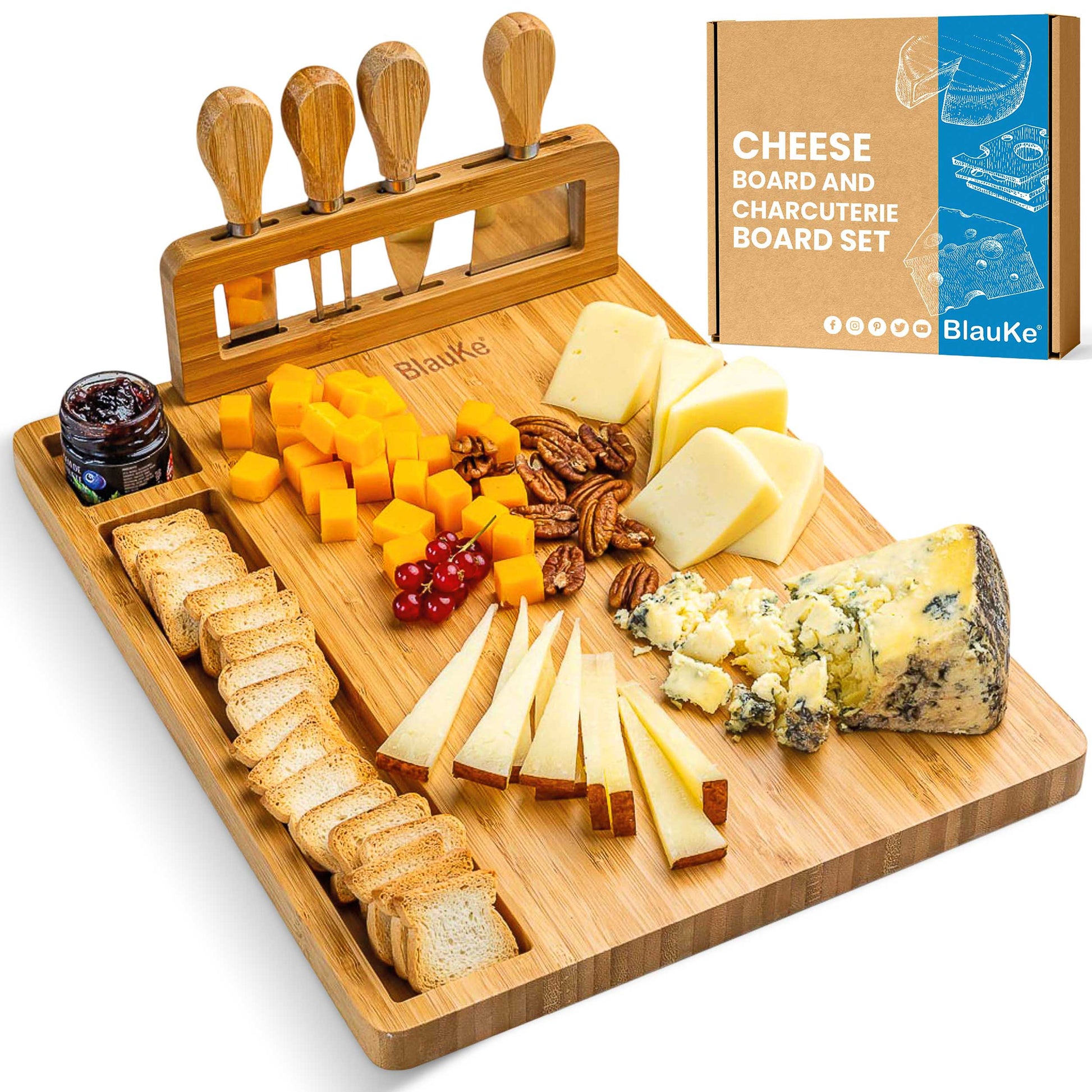 Premium Bamboo Cheese Board & Knife Set – 14" x 11" Charcuterie Serving Tray - Korvel