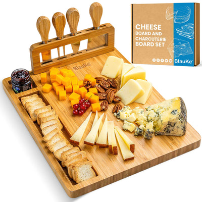 Premium Bamboo Cheese Board & Knife Set – 14" x 11" Charcuterie Serving Tray - Korvel