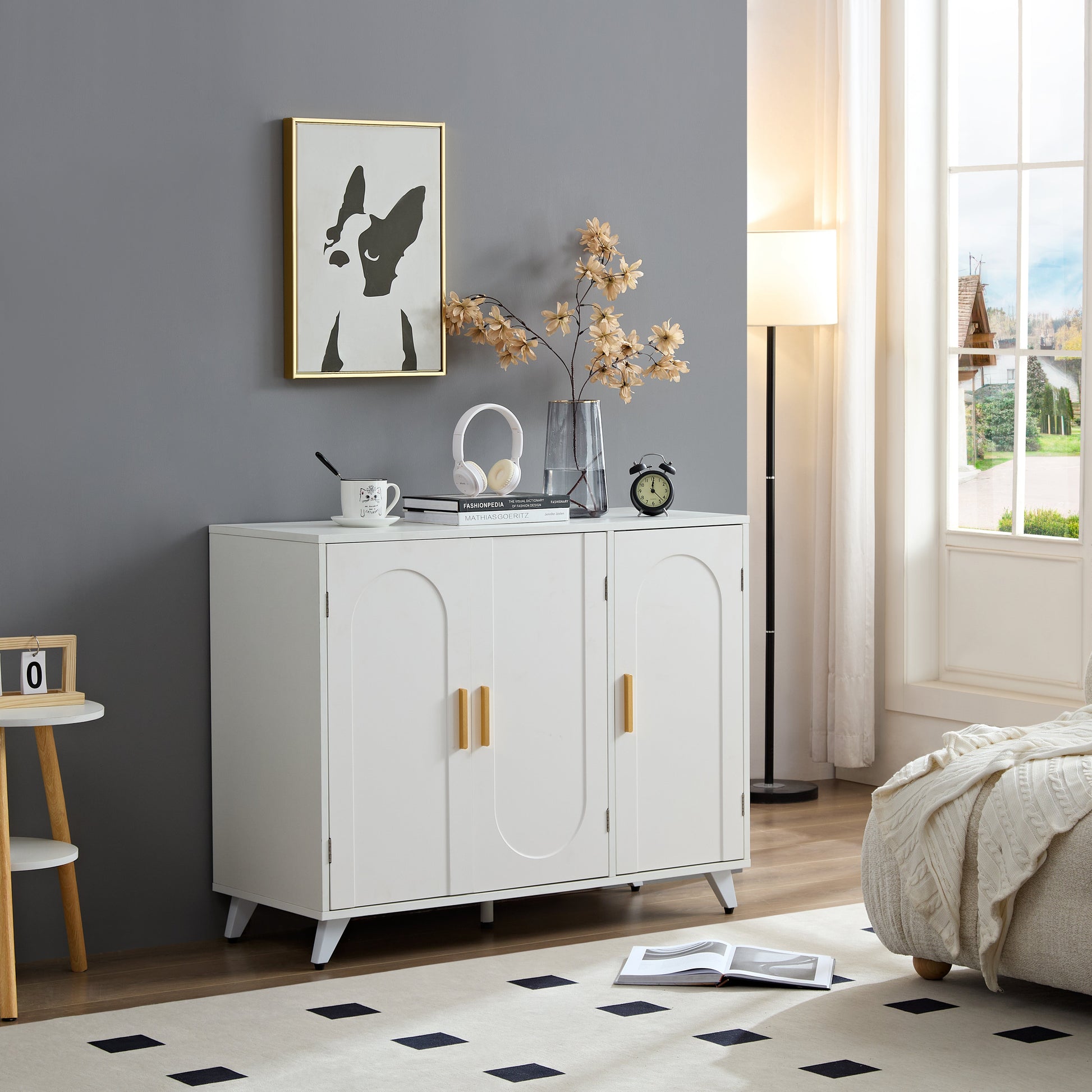 Sideboard Buffet cabinet with 3 doors and removable shelves, for living room, dining room, ivory white - Korvel