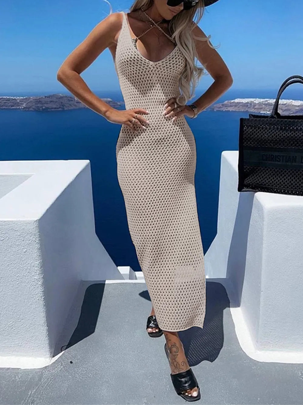 Slit Openwork V-Neck Sleeveless Cover Up - Korvel