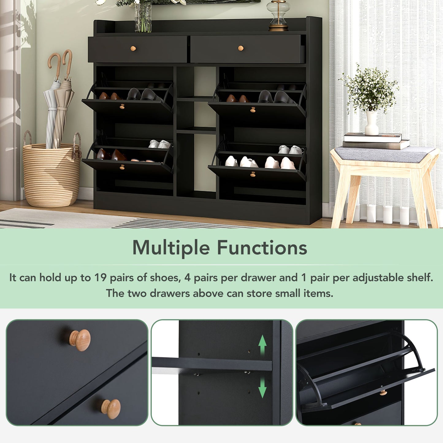 Cabinet à chaussures moderne ONTREND avec 4 tiroirs basculants - Noir