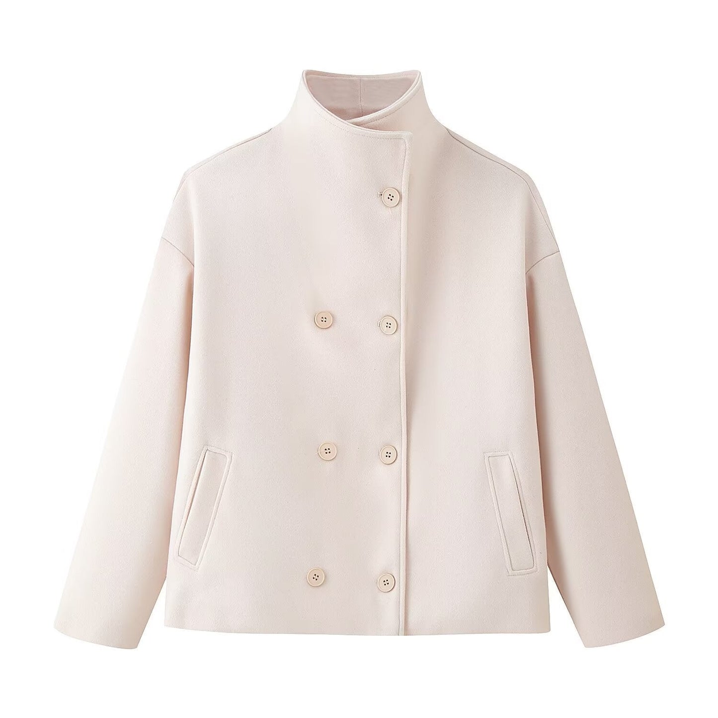 Womens Short Wool Coat with Stand Collar and Double-Breasted Buttons