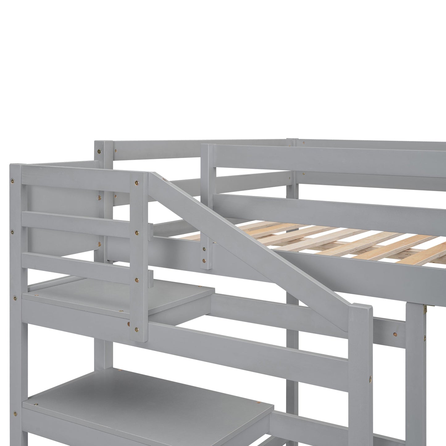 Full Size Loft Bed with Built-in Storage Staircase and Hanger for Clothes, Gray - Korvel