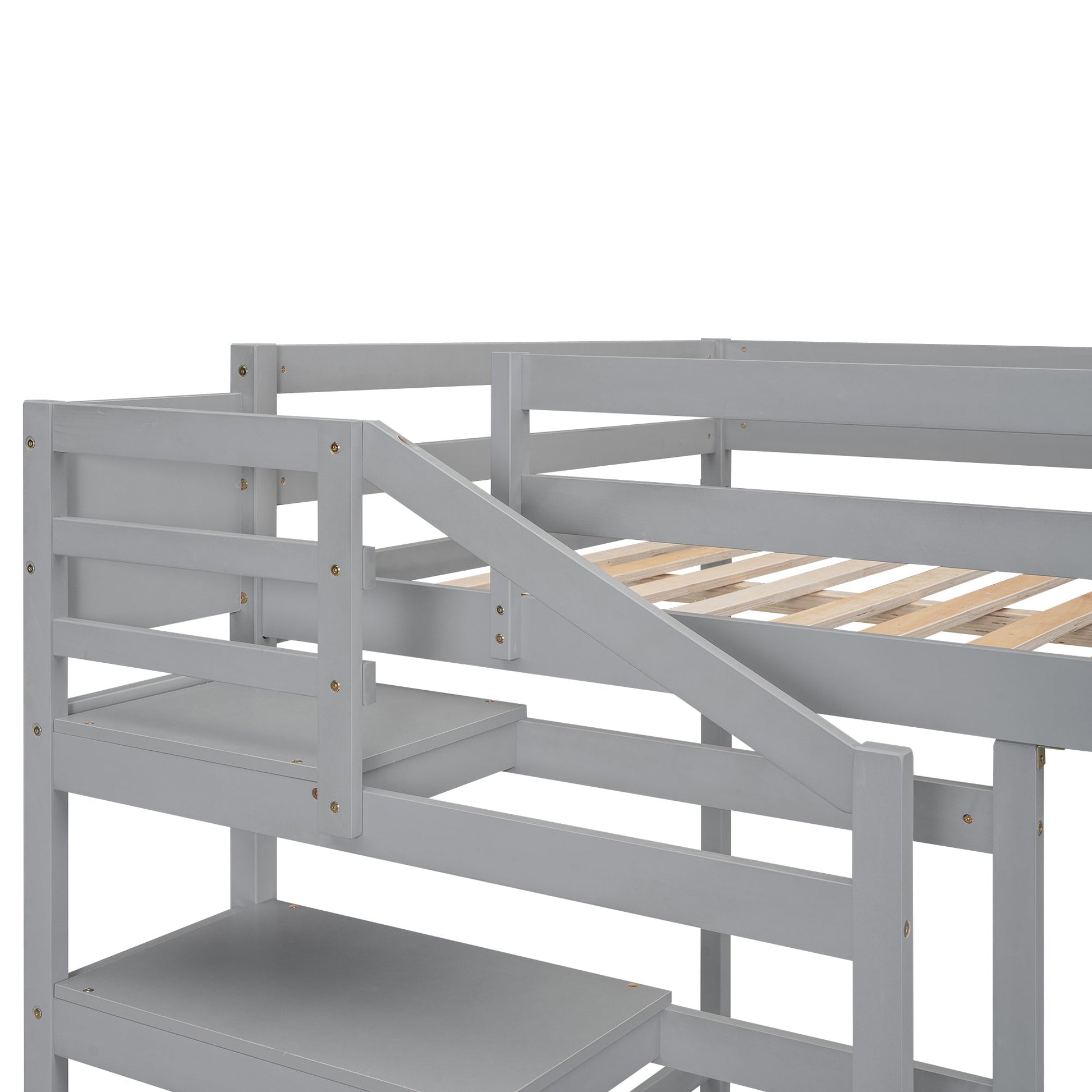Full Size Loft Bed with Built-in Storage Staircase and Hanger for Clothes, Gray - Korvel