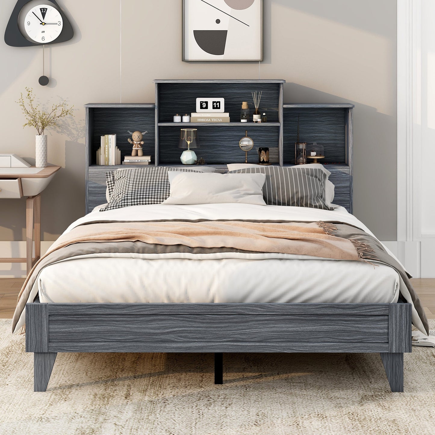 Queen Size Storage Platform Bed Frame with USB Charging - Gray
