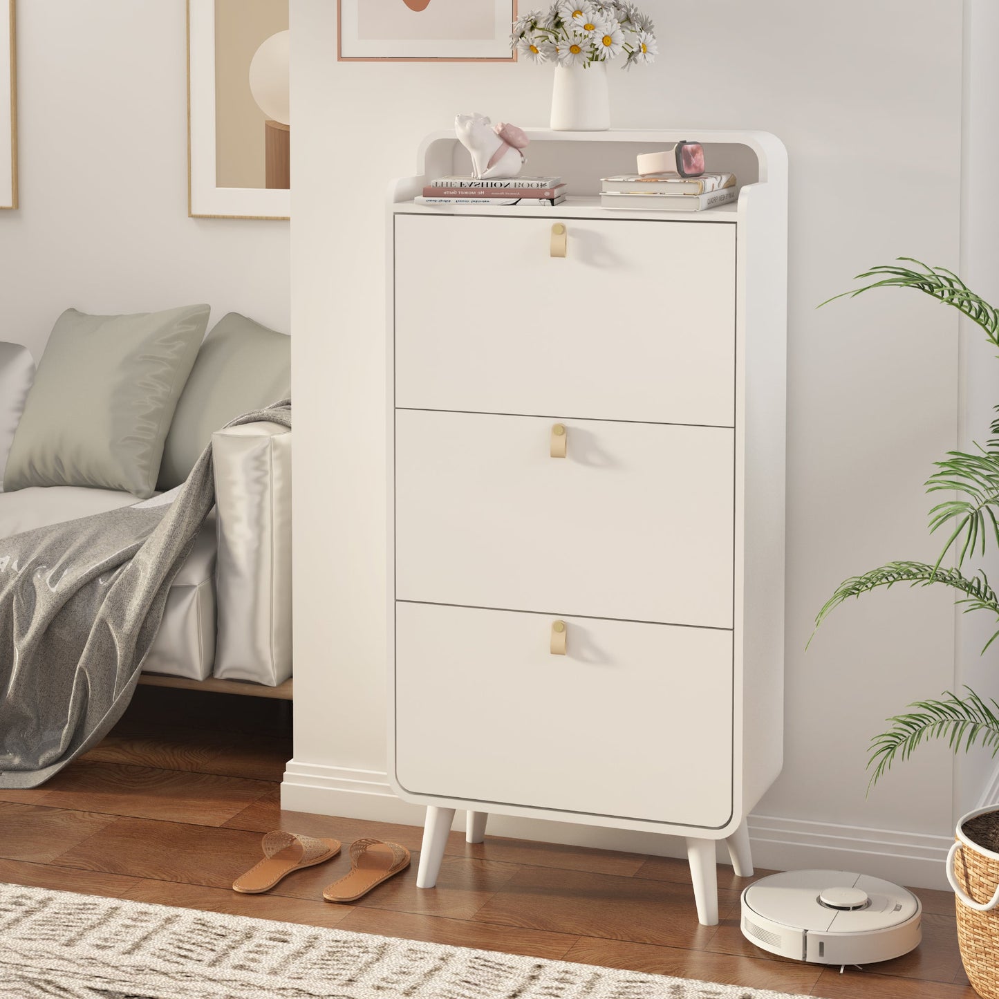 Modern Arc Design Shoe Cabinet With 3 Drawers,Shoe Storage Cabinet for Entryway,Outdoor,White Finish - Korvel