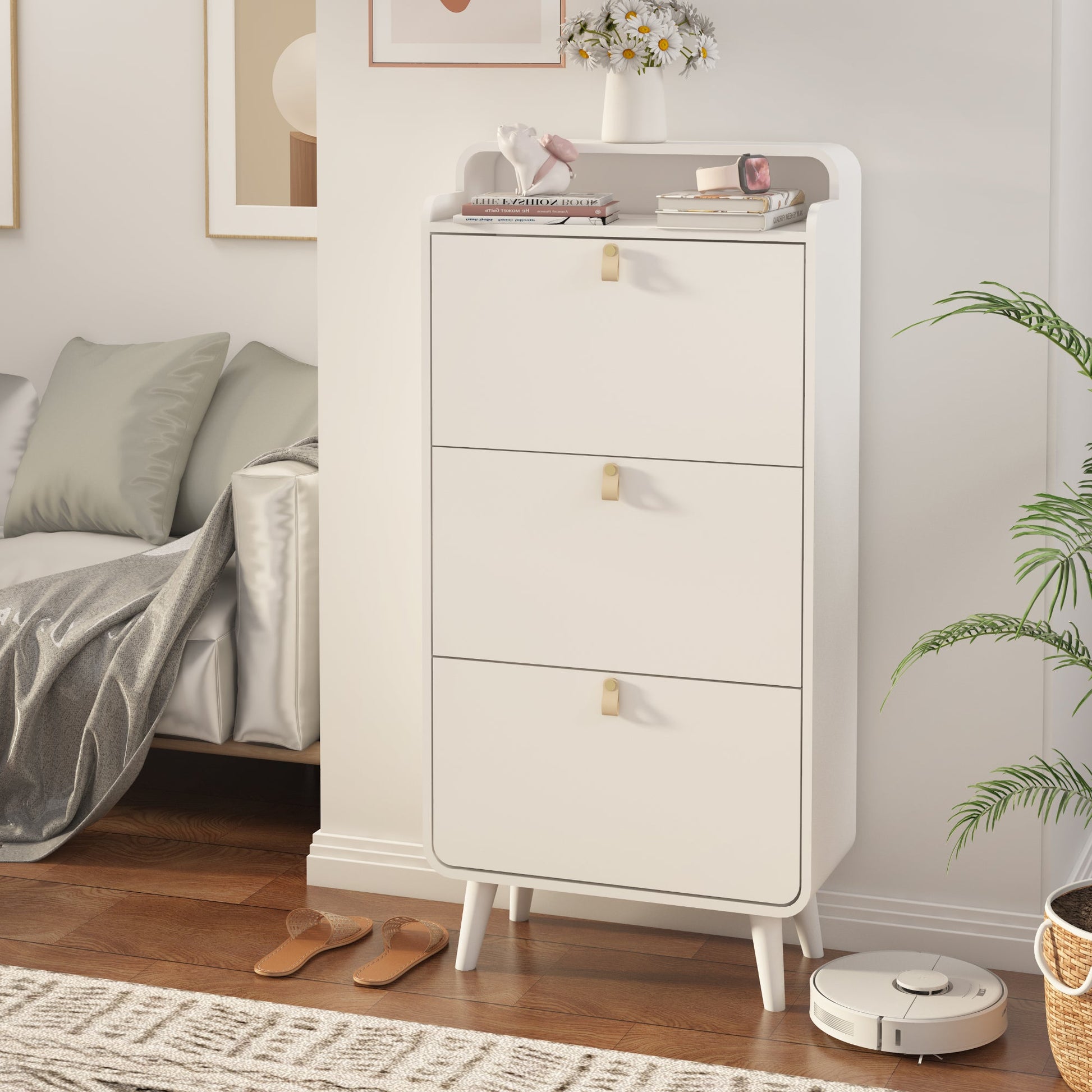 Modern Arc Design Shoe Cabinet With 3 Drawers,Shoe Storage Cabinet for Entryway,Outdoor,White Finish - Korvel