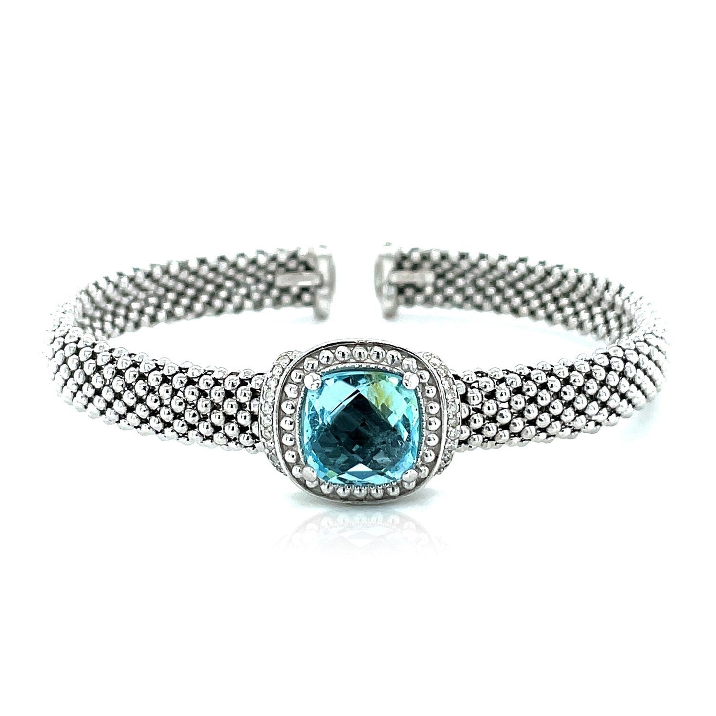 Bracelet jonc en texture popcorn avec topaze bleue et diamants