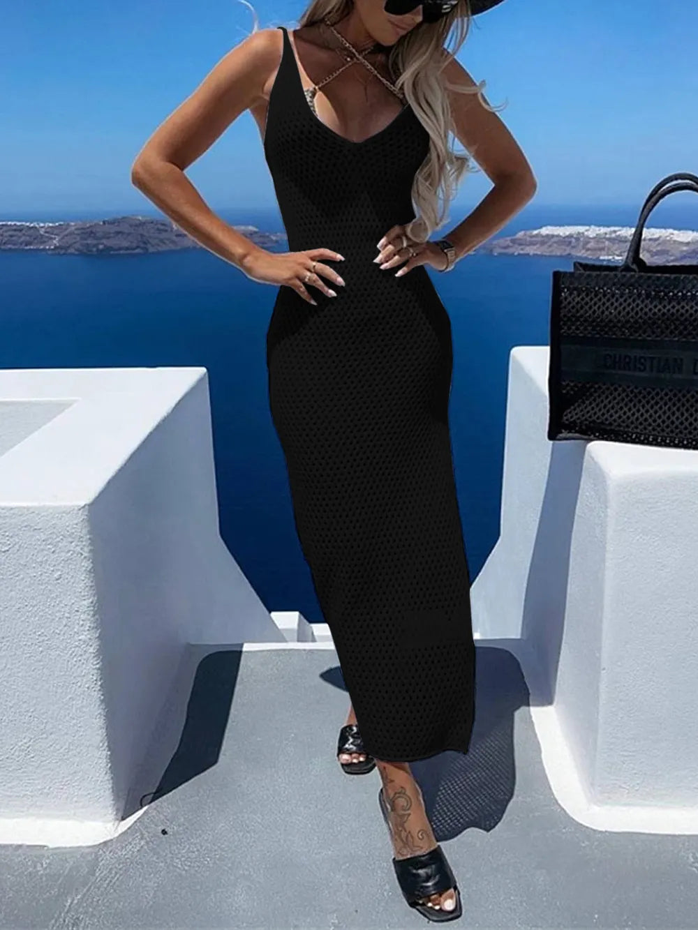 Slit Openwork V-Neck Sleeveless Cover Up - Korvel