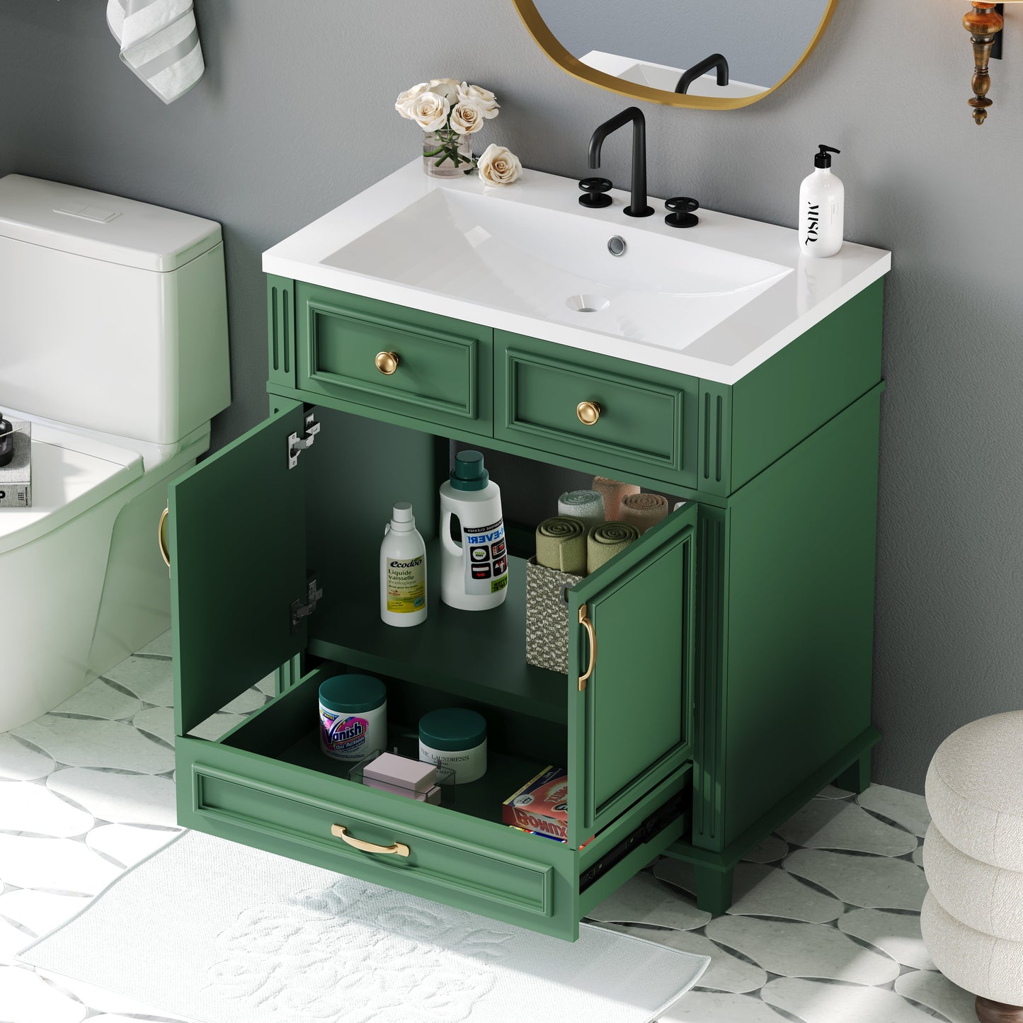 30 inch uncovered bathroom vanity with soft closed door, limited to solid wood frame bathroom storage cabinet green - Korvel