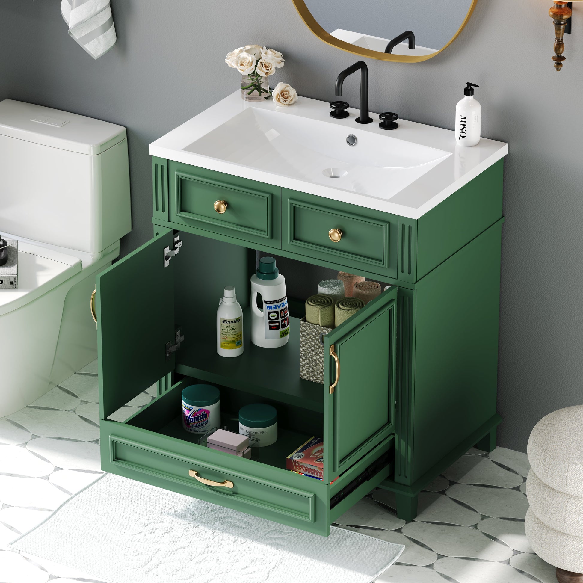 30 inch uncovered bathroom vanity with soft closed door, limited to solid wood frame bathroom storage cabinet green - Korvel