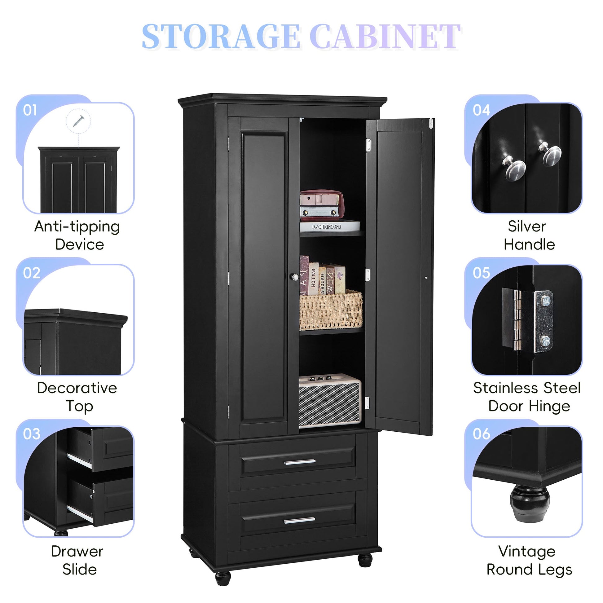 Tall Storage Cabinet with Two Drawers for Bathroom/Office, Black - Korvel