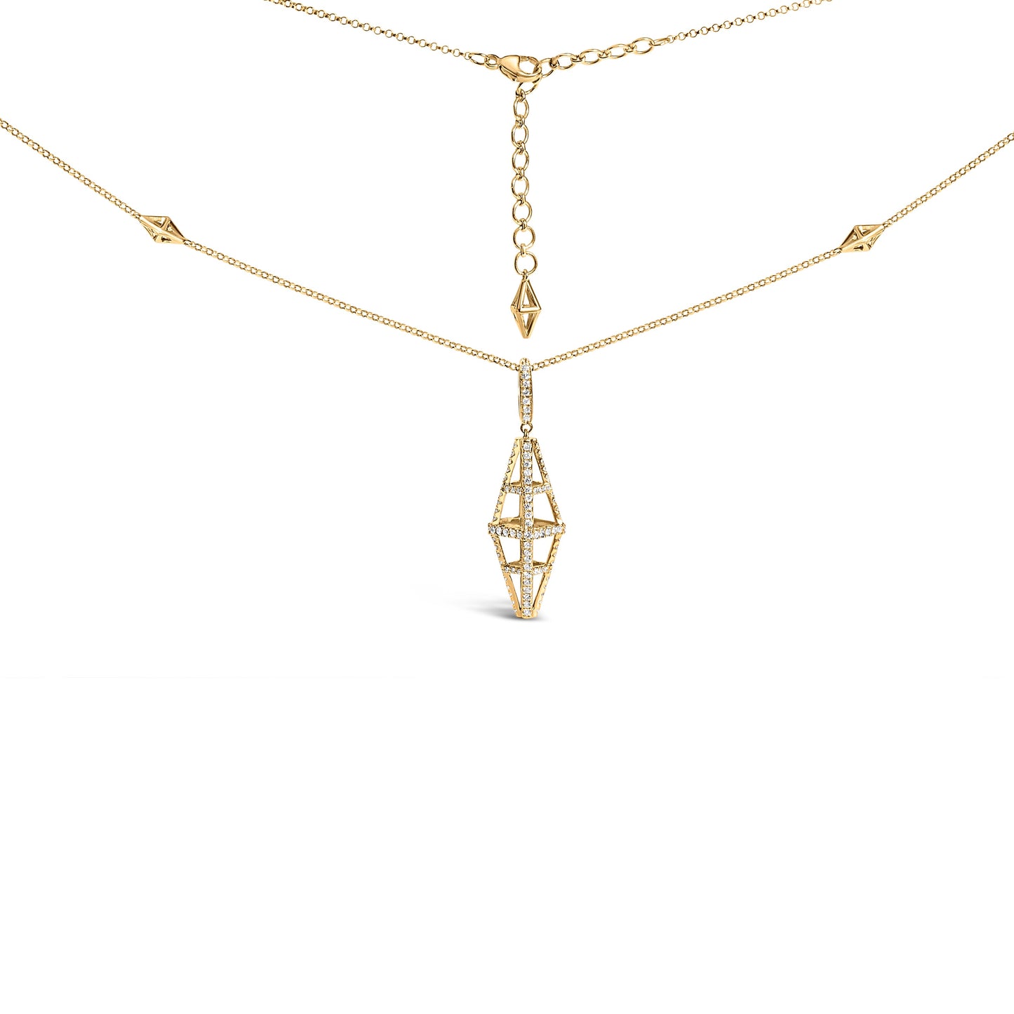 14K Yellow Gold Diamond Studded Geometric Double Pyramid Necklace