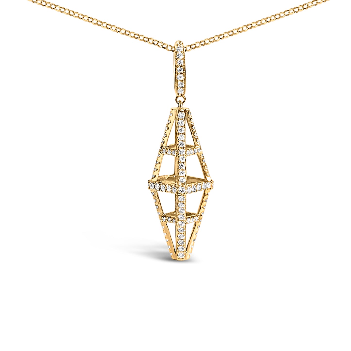 14K Yellow Gold Diamond Studded Geometric Double Pyramid Necklace
