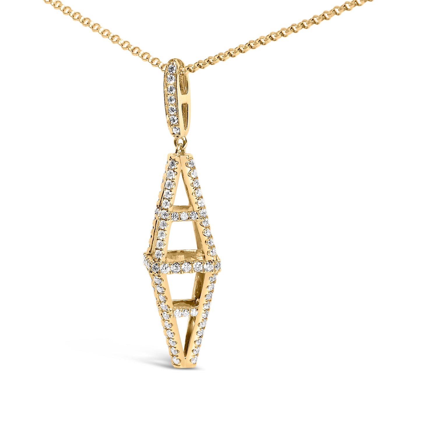 14K Yellow Gold Diamond Studded Geometric Double Pyramid Necklace