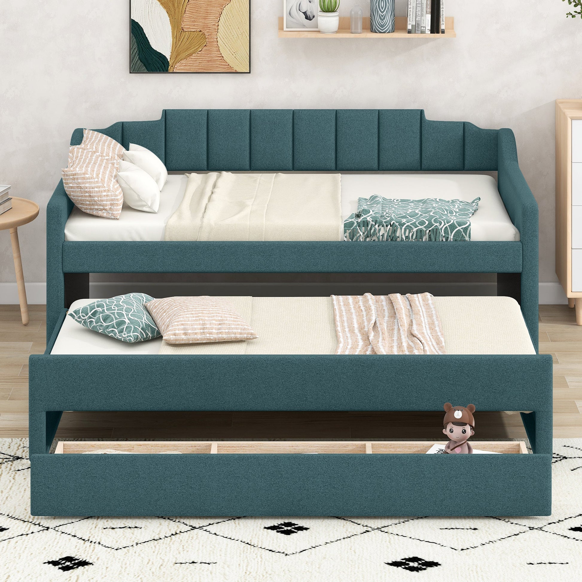Twin Size Upholstered Daybed with Trundle and Three Drawers,Green - Korvel