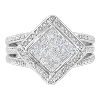 Elegant .925 Sterling Silver Princess Cut Diamond Cocktail Ring - Size 6