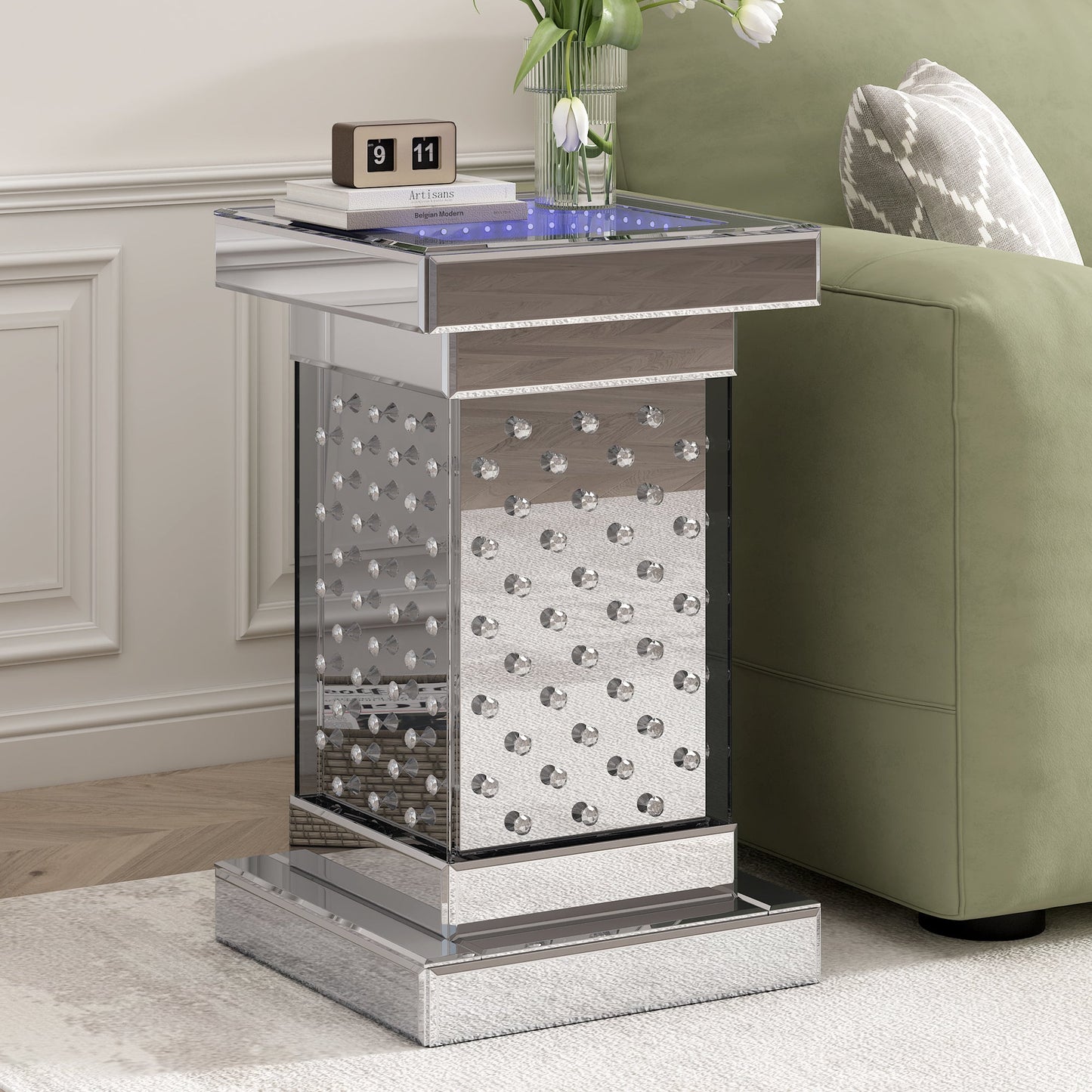 U-Can 11.8-inch silver square mirror coffee table with LED lights, modern crystal inlaid side table, no assembly required - Korvel
