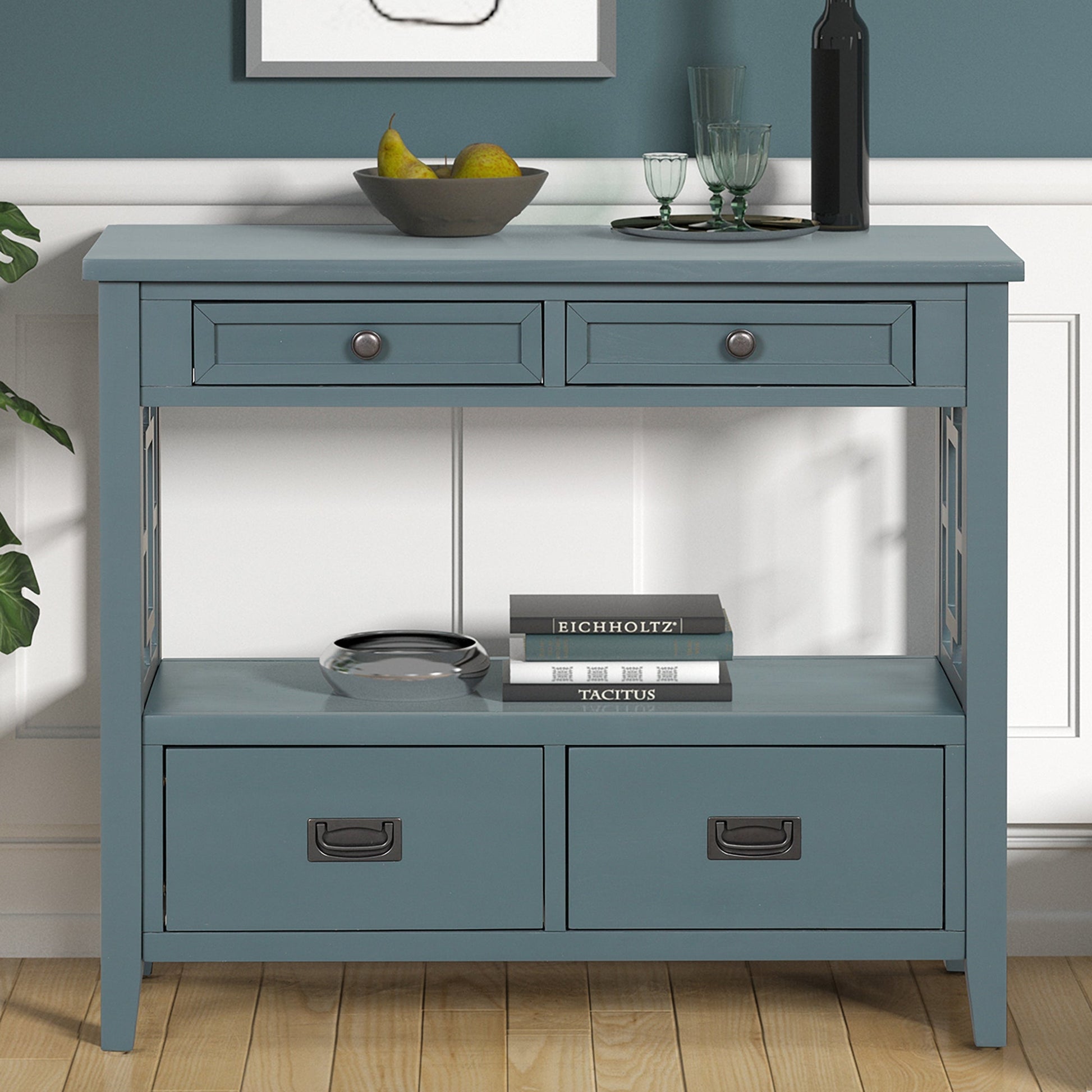 36'' Farmhouse Pine Wood Console Table Entry Sofa Table with 4 Drawers & 1 Storage Shelf ( Blue) - Korvel