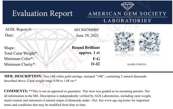 AGS Certified 14K White Gold 1.0 cttw Diamond Stud Earrings