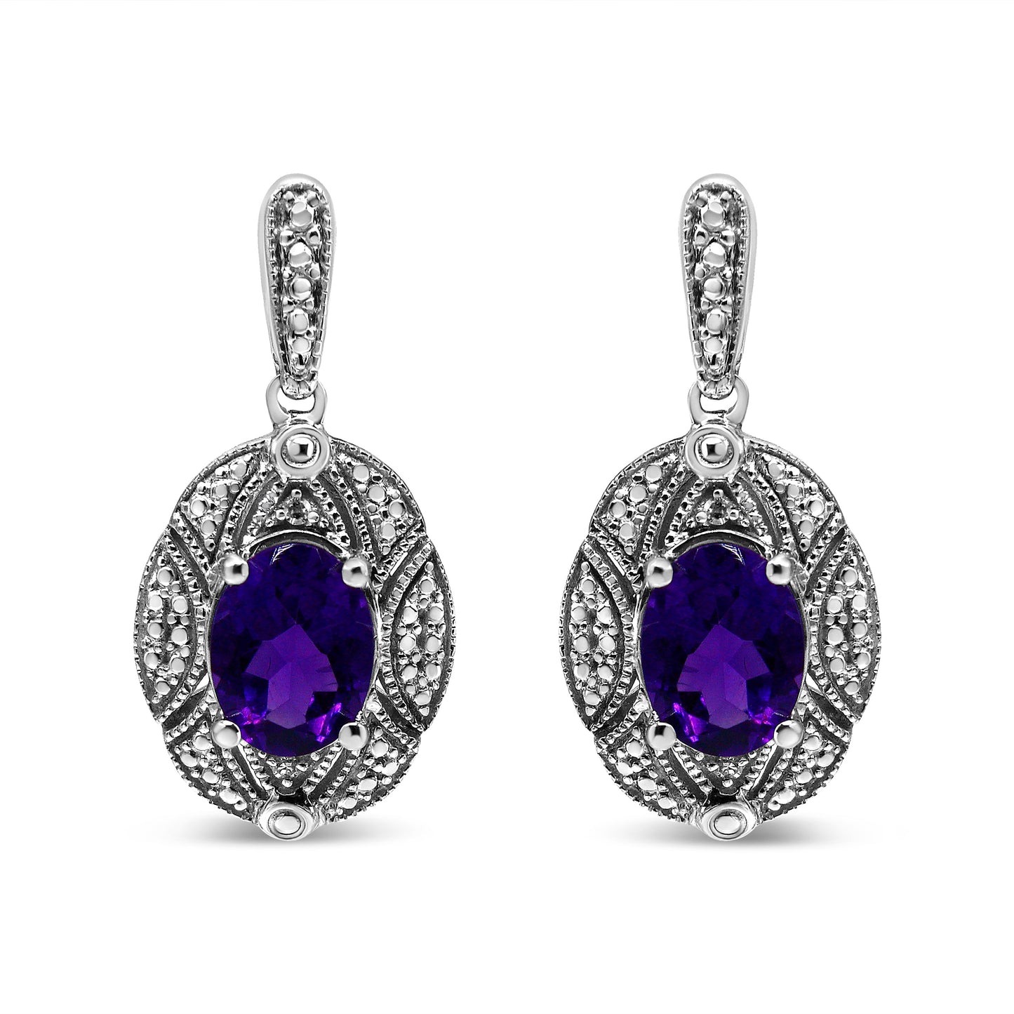 Pendientes de Stud de Acero Inoxidable de Plata .925 con Acentos de Amatista y Diamante