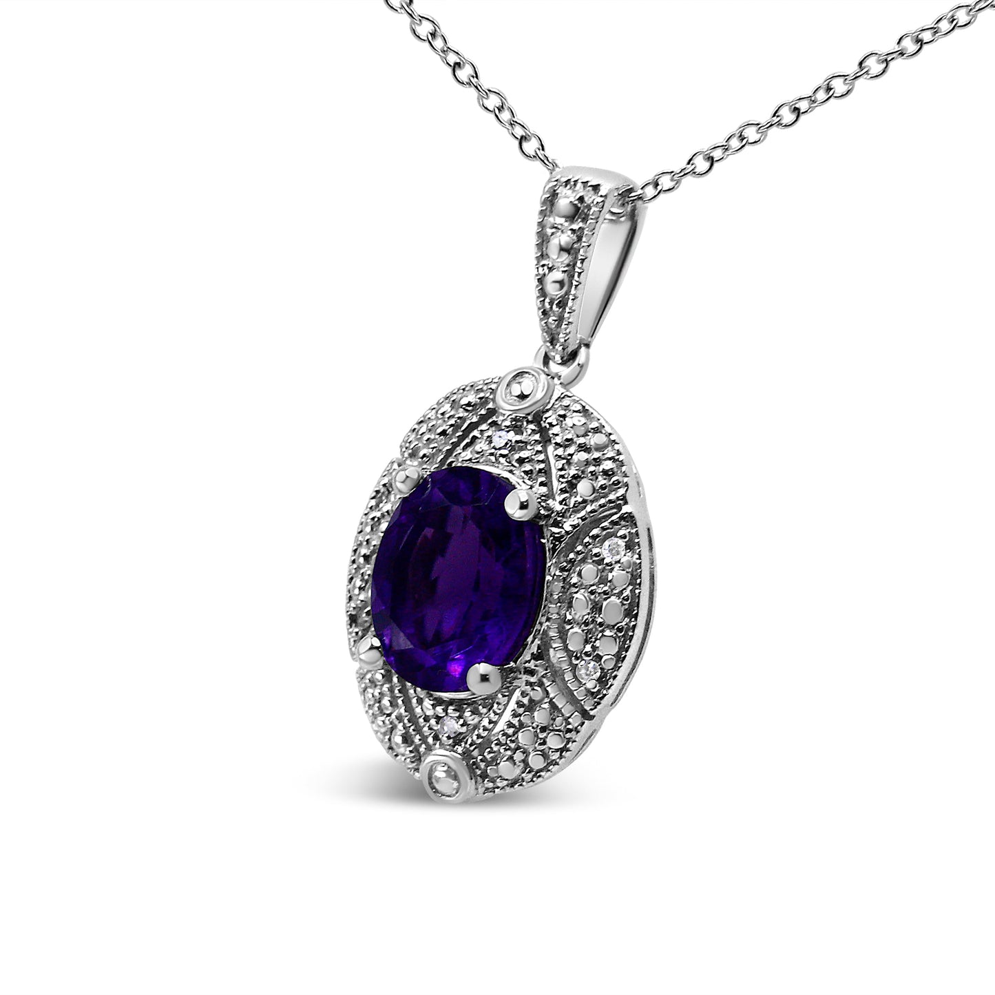 Collar de Pendiente de Amatista y Diamante en Plata de Ley .925