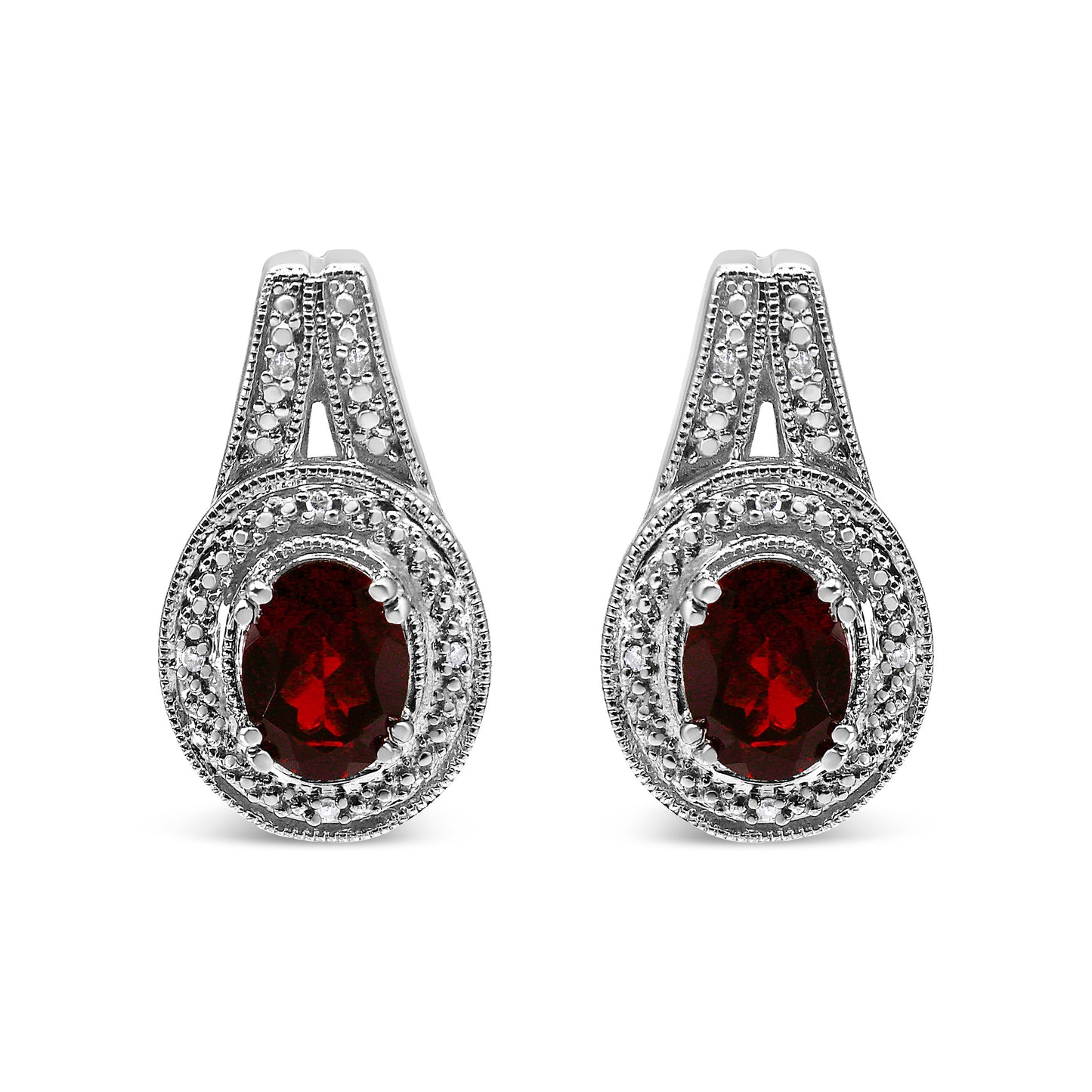 .925 Sterling Silver Red Garnet and Diamond Accent Stud Earrings