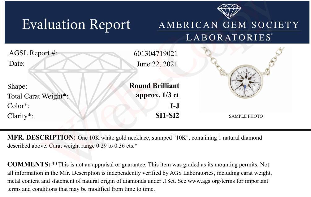 AGS Certified 10K White Gold Diamond Solitaire Pendant Necklace