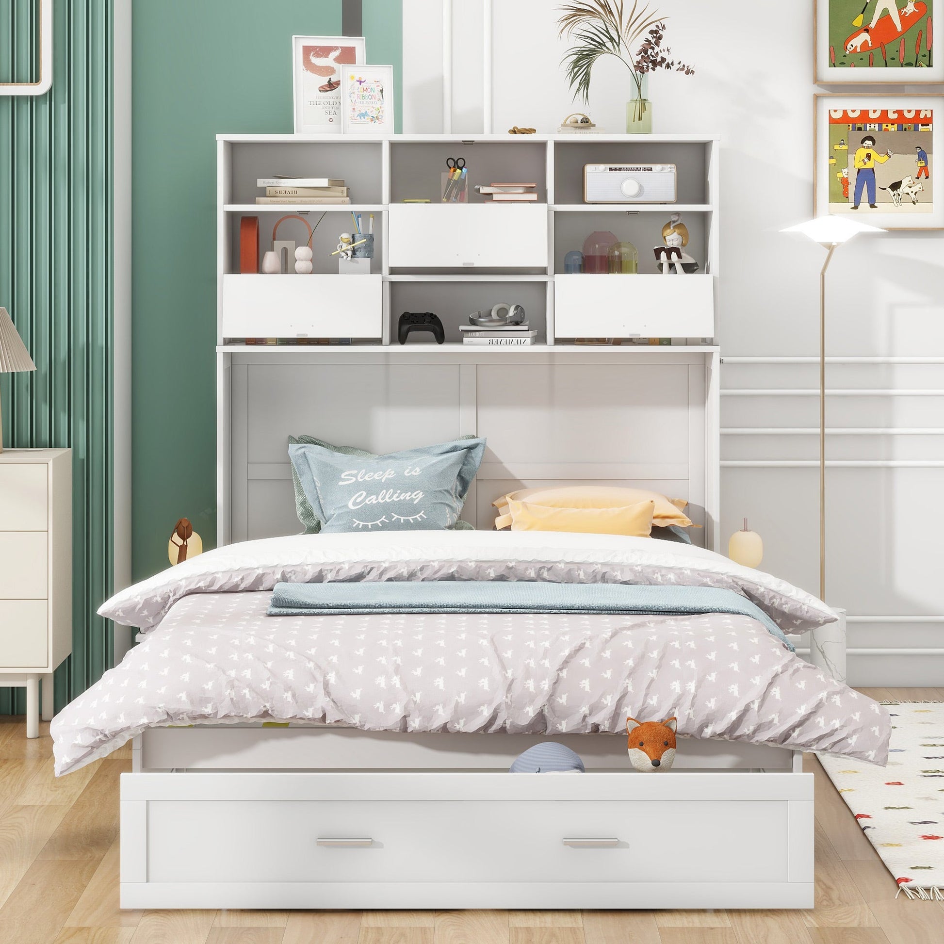 ueen Size Murphy Bed with Bookcase, Bedside Shelves and a Big Drawer, White - Korvel