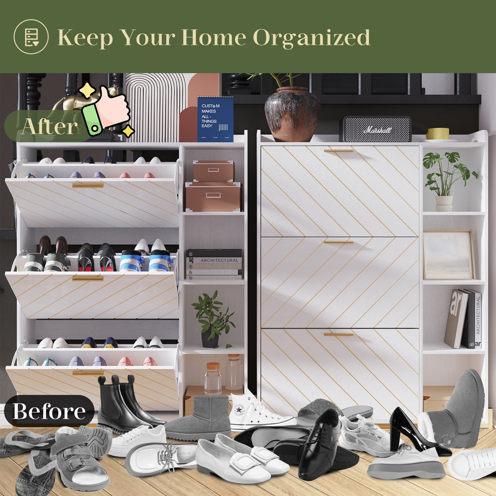 Shoe Cabinet with 3 Flip Drawers & Open Shelves, Modern Entryway Shoe Storage Cabinet Slim, Narrow Hidden Shoe Rack for Heels - Korvel