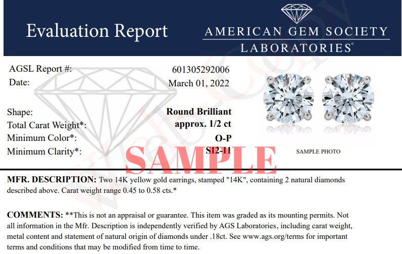 Pendientes de diamantes de 1/2 Cttw en oro amarillo de 14K certificados por AGS