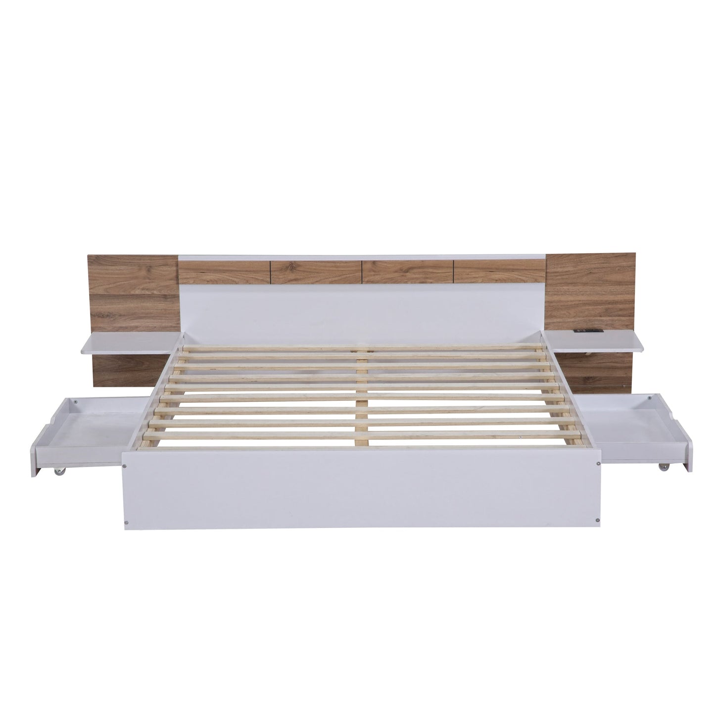 Queen Size Platform Bed with Headboard, Drawers, Shelves, USB Ports and Sockets  White - Korvel