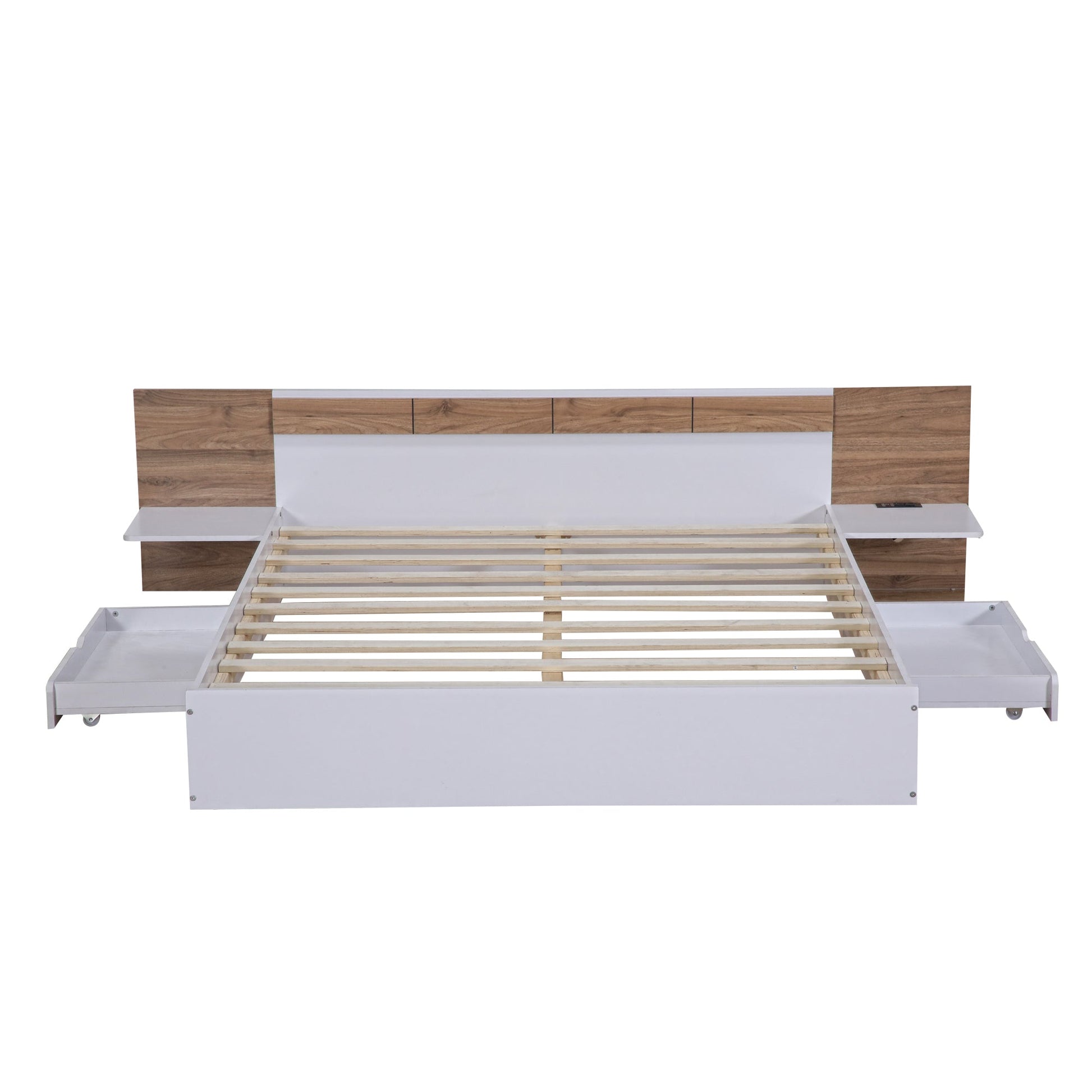 Queen Size Platform Bed with Headboard, Drawers, Shelves, USB Ports and Sockets  White - Korvel