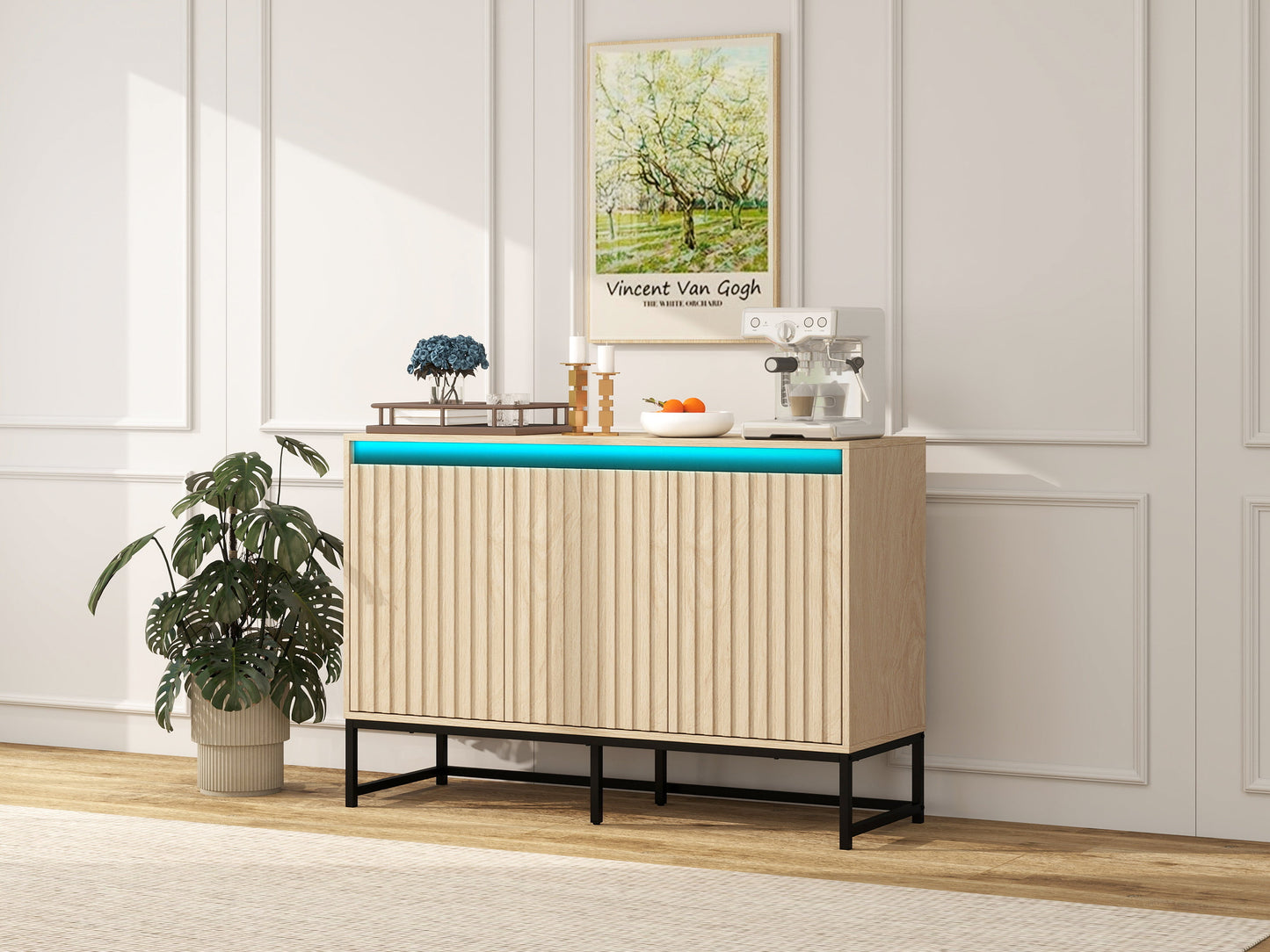 Engraved 3-door side panel with LED, self-service cabinet storage cabinet, modern coffee bar cabinet with adjustable shelf - Korvel
