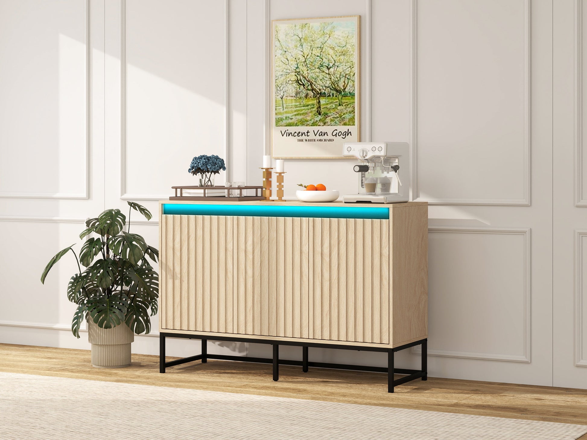 Engraved 3-door side panel with LED, self-service cabinet storage cabinet, modern coffee bar cabinet with adjustable shelf - Korvel