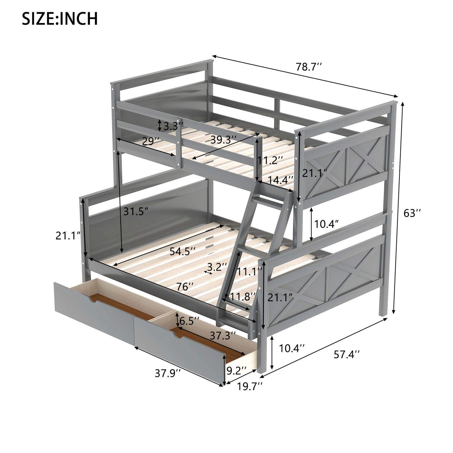 Twin over Full Bunk Bed with Ladder Two Storage Drawers  Safety Guardrail  Gray - Korvel