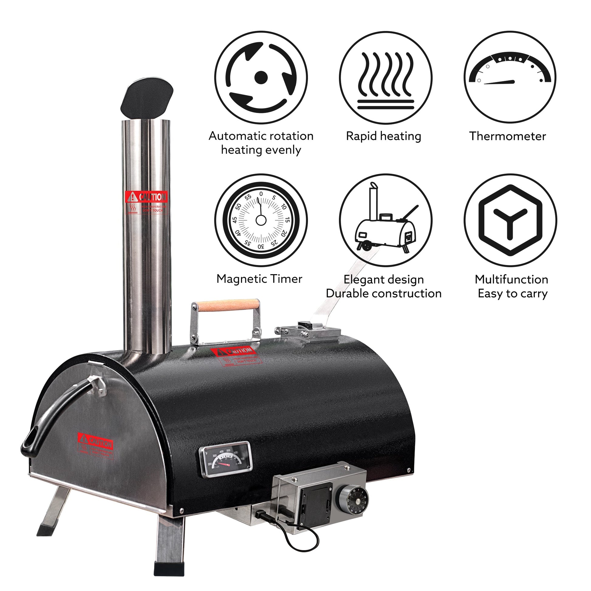 Black Pizza Oven Outdoor 12" Automatic Rotatable Pizza Ovens Portable Stainless Steel Wood Fired Pizza Oven Pizza Maker - Korvel