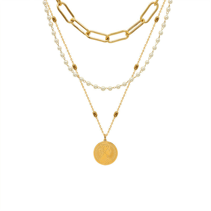 Synthetic Pearl Titanium Steel Three-Layered Necklace - Korvel