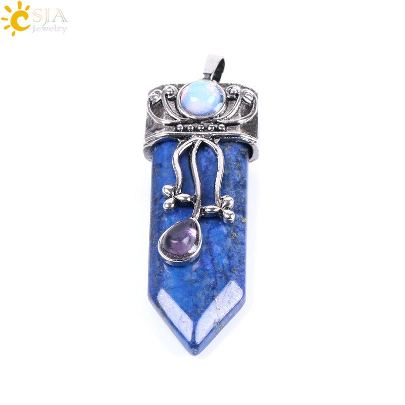 CSJA Vintage Large Natural Stone Sword-Shaped Pendant Jewelry Striped Crystal Agate Tiger Eye Jewelry Pendant Without Chain - Korvel