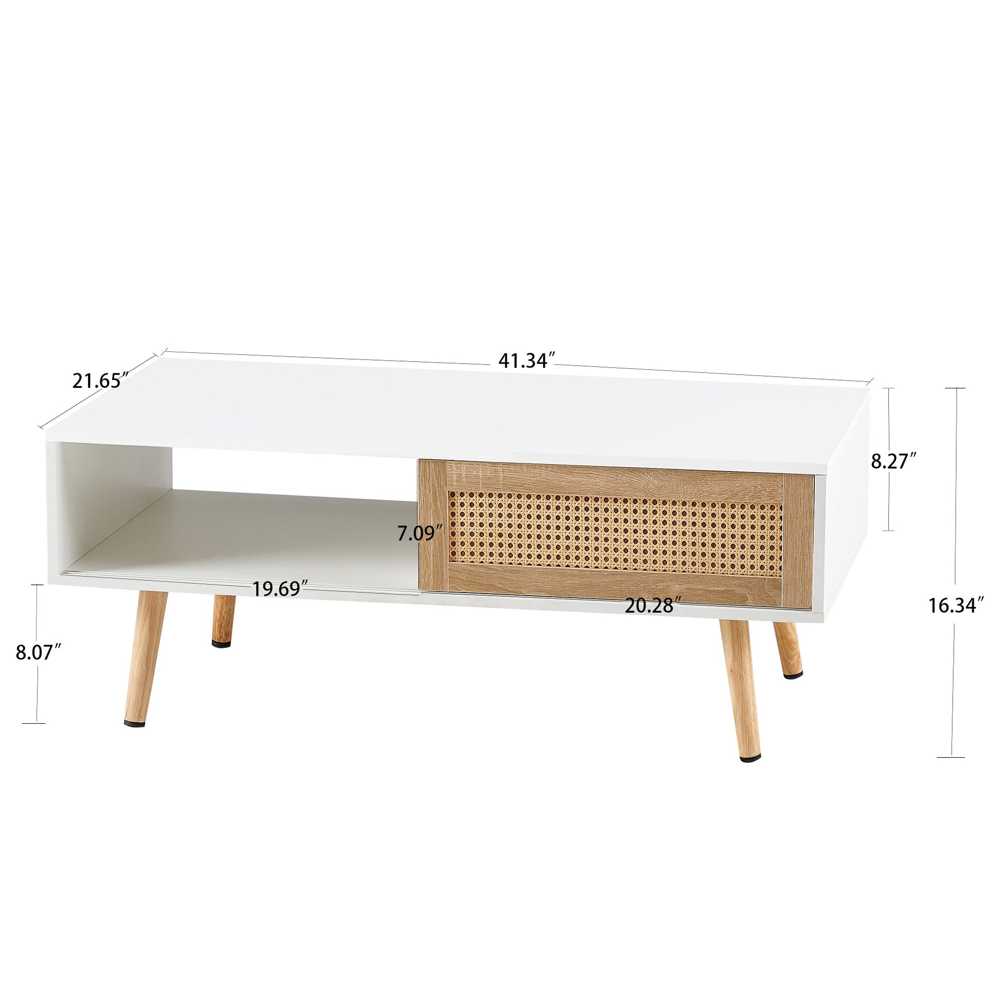 41.34" Rattan Coffee table sliding door for storage solid wood legs White - Korvel