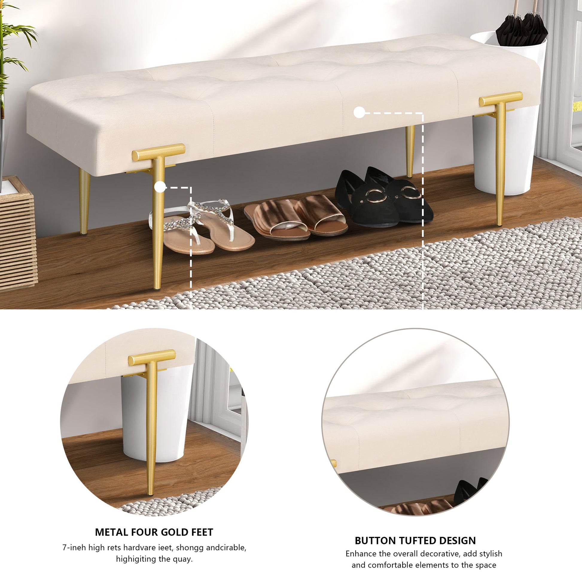 48'' Modern Ottoman Bench Velvet Bench Upholstered Footrest With Gold Metal Legs And Padded Seat For Bedroom Living Room - Korvel