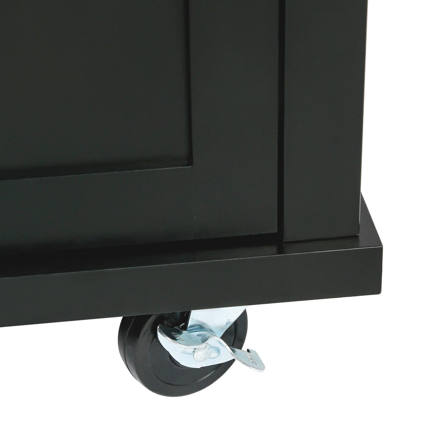 Kitchen trolley with rubber wood leaf countertop, 5-wheel kitchen island, storage cabinet and 3 dining drawers, black - Korvel