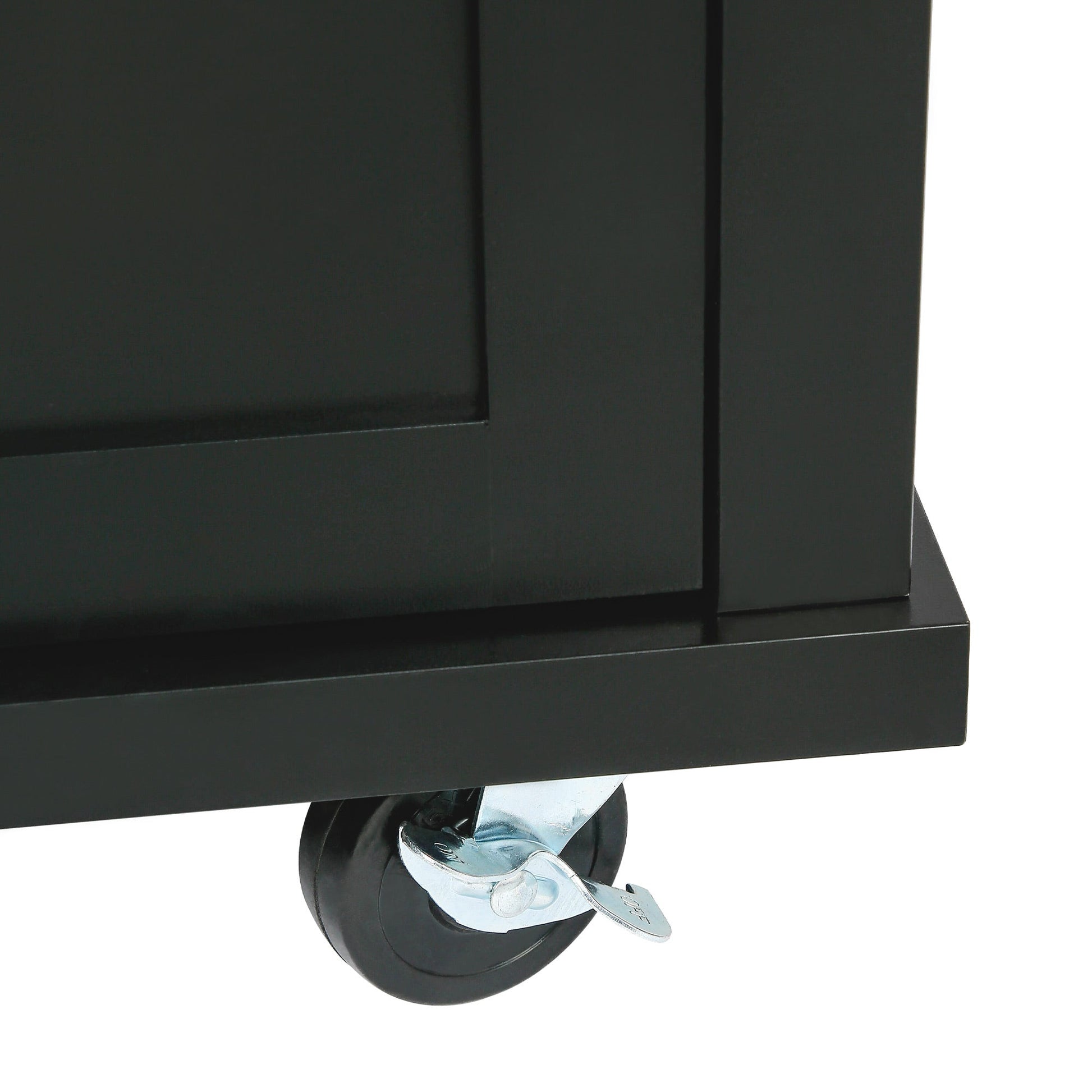 Kitchen trolley with rubber wood leaf countertop, 5-wheel kitchen island, storage cabinet and 3 dining drawers, black - Korvel